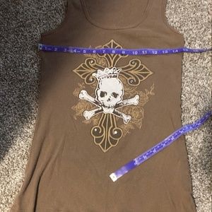 skull rhinestone brown ribbed tank top